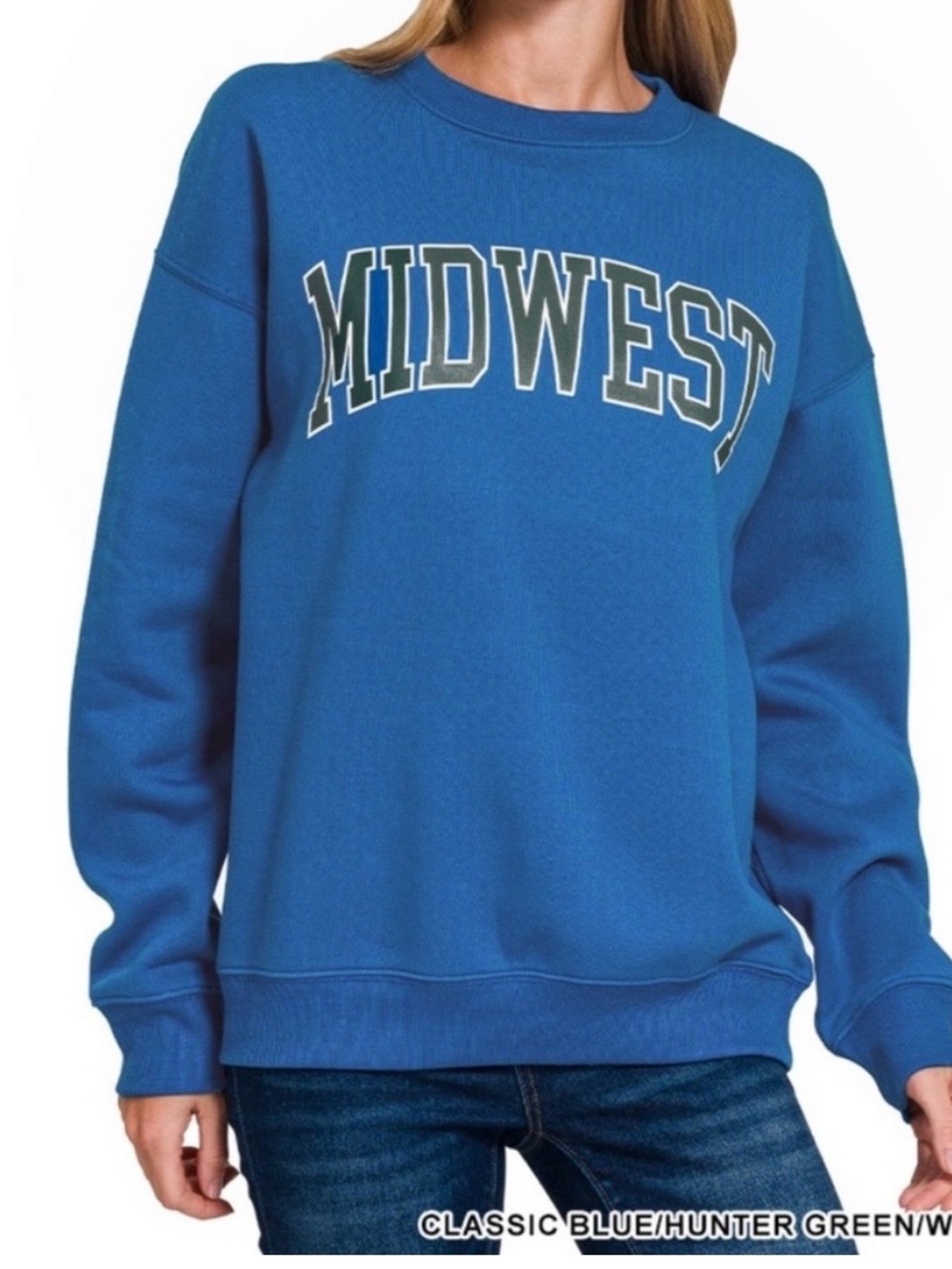 Zenana Outfitters Women’s Classic Blue/Hunter Green/White Midwest Sweatshirt M